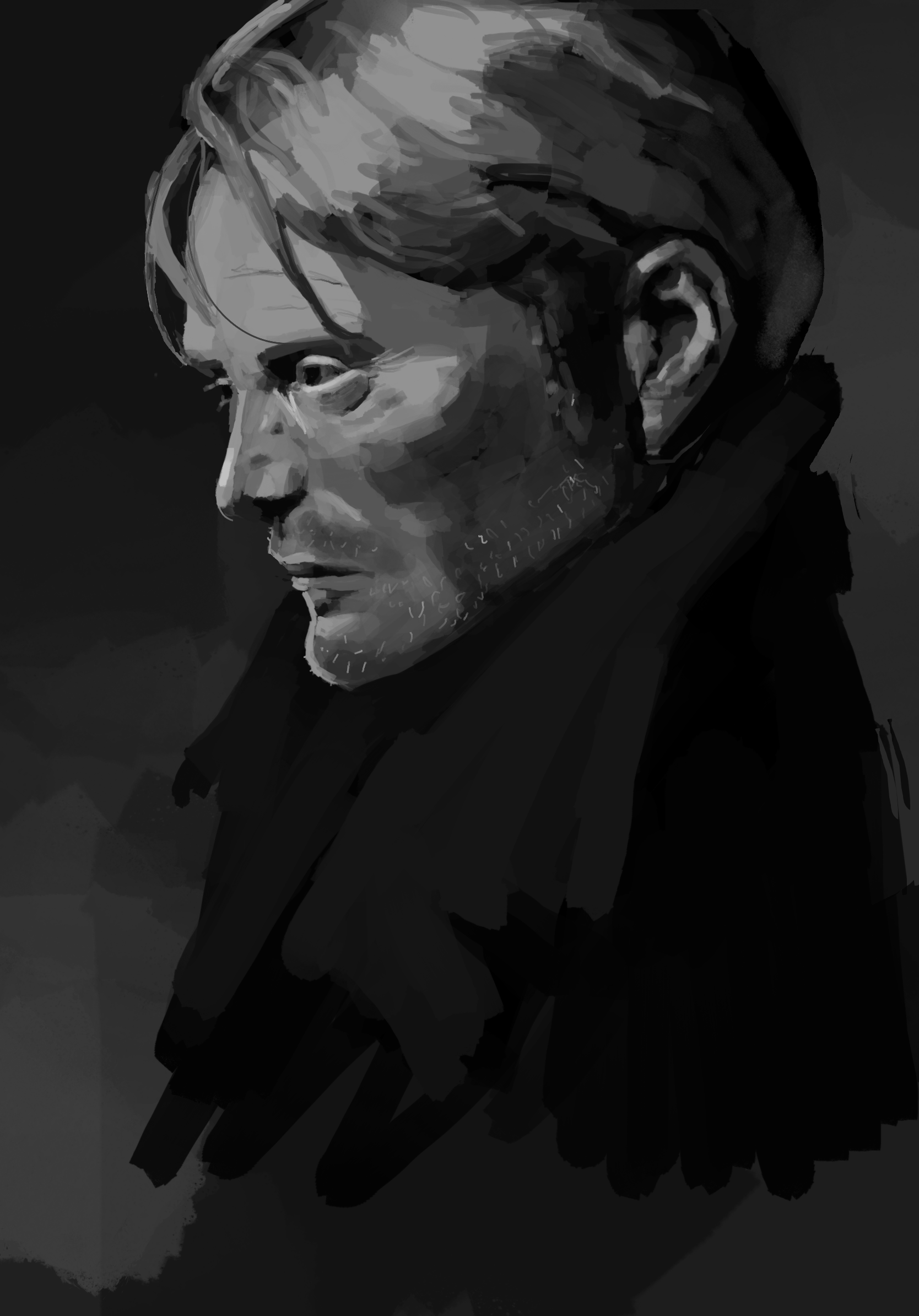 Grayscale portrait of Mads Mikkelsen